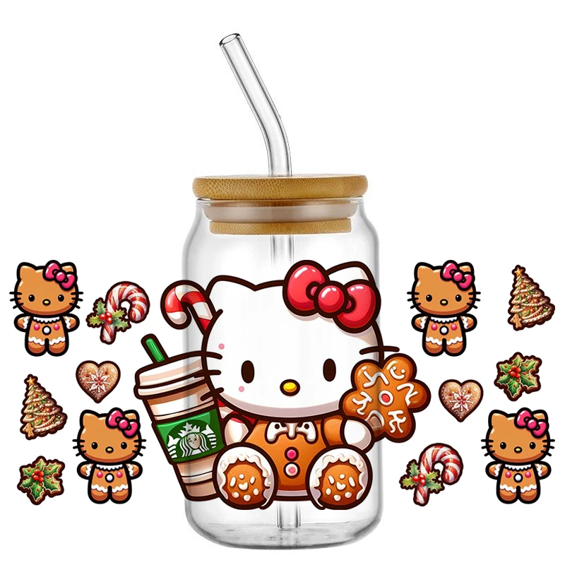 Miniso Vianoce Hello Kitty Cat Gingerbread Man 3D UV DTF Cup zábal pre 16oz Libbey DIY Karikatúra pre prenos šálok prevodov