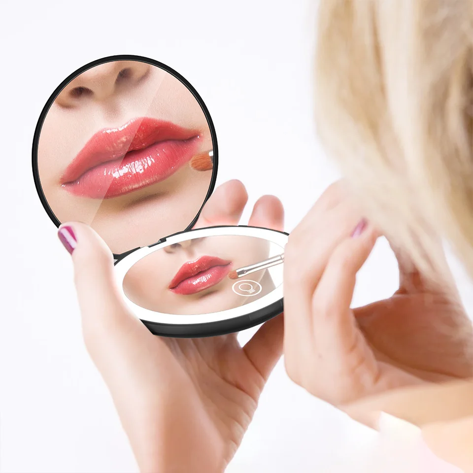 Miroir Kompaktný malý mini hráč s LED svetlom osvetlené dámske vreckové zrkadlá s 10x zväčšením a nabíjateľnosťou