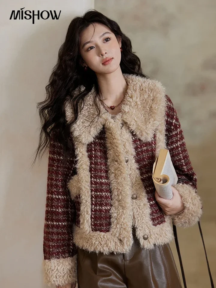 Mishow Red Plaid Wool Coat Women Retro 2024 Jeseň Zimné dámske oblečenie Teplý kabát Zhruba bavlnená klip Lamb vlna MXD34W0581