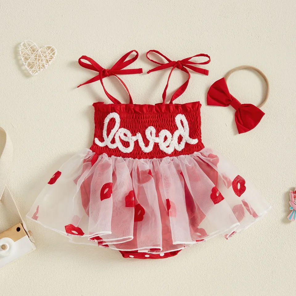 MISOWMNOY princezná dievčatká mriežky BodySuits Dojčenská párty Valentín Romper Dress Lips LIPS Letter bez rukávov čelenka
