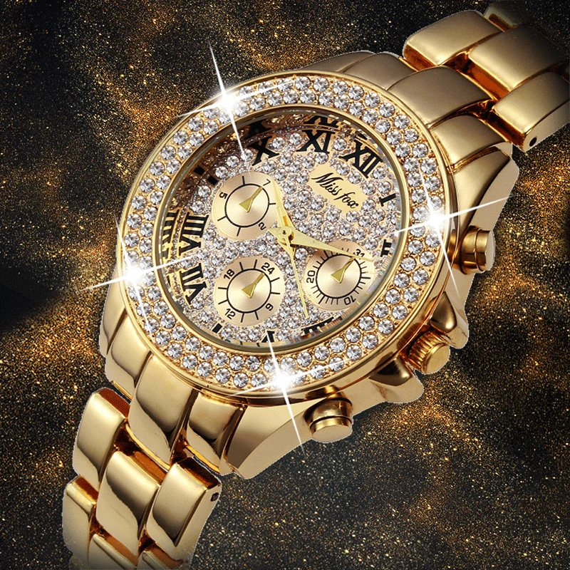Missfox Womens Watch Shock odolný vodotesný luxusný dámy ar kovové hodinky náramky kamienka