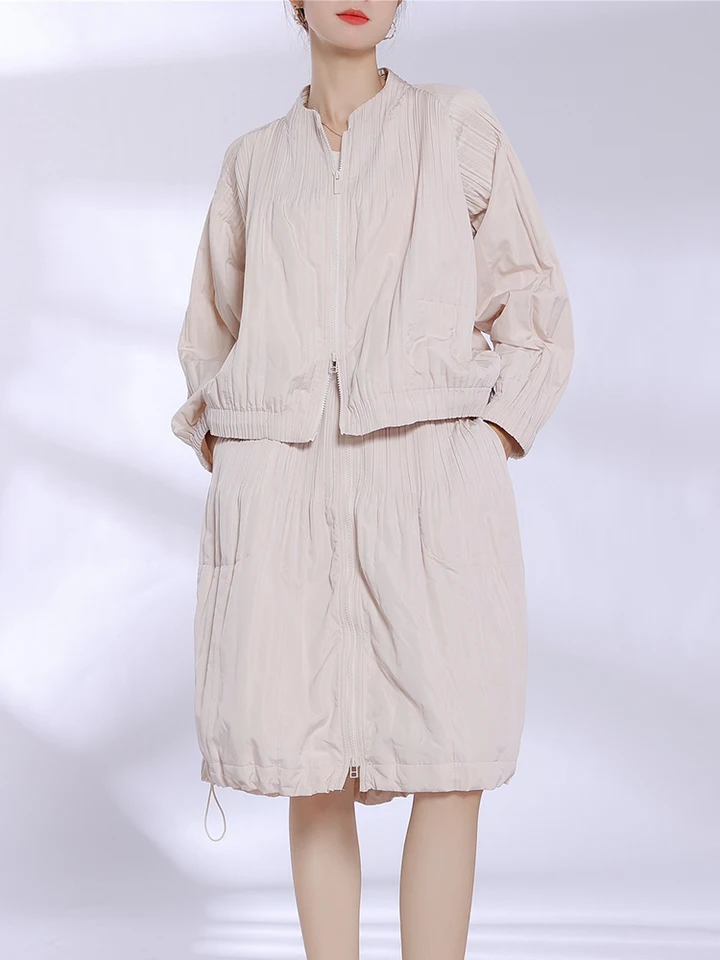 Miyake skladaná móda polovičná sukňa Sada pre dámsku zimnú pevnú farbu Jednoduchá neformálna bavlnená top bunda Coat