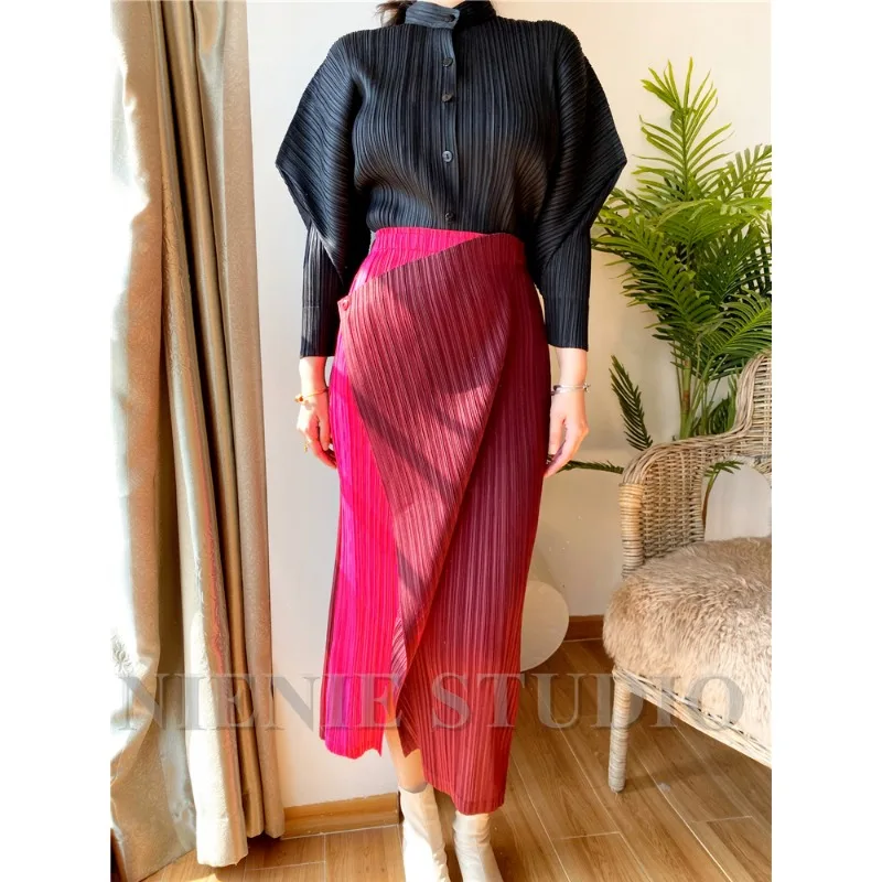 Miyake skladaná sukňa s vysokým pásom One Button Stitching Long Asymetrická sukňa dvojdielne rovná Kórea módne estetické oblečenie