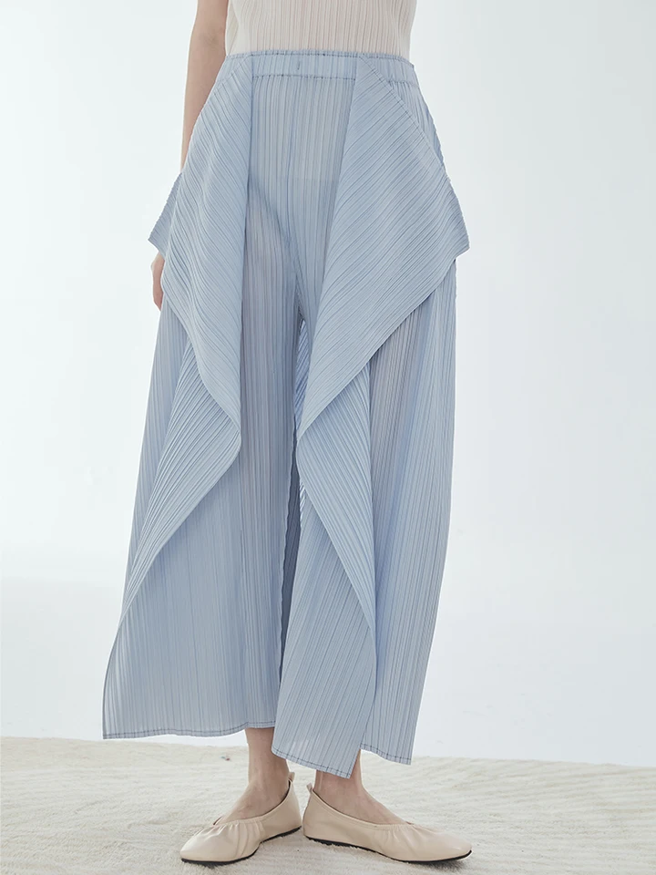 Miyake skladaný vysoký pás Sky Blue Pants Ženy 2023 leto nové dizajnérske oblečenie kórejské módy široké nohy Príležitostné nohavice