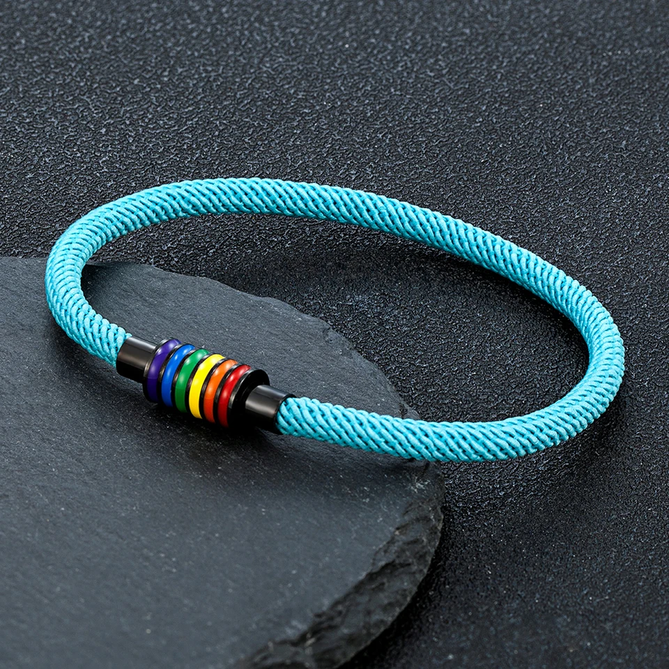 Mkendn jednoduchý štýl unisex čierna z nehrdzavejúcej ocele dúhová spona vodotesný surferujúci lano náramok darček pre milencov pulzera lgbt