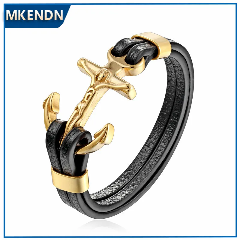 Mkendn Vikings Wolf Men náboženstvá náramok náramok 18k sletené kotvou viacvrstvové šiť kresťanské šperky