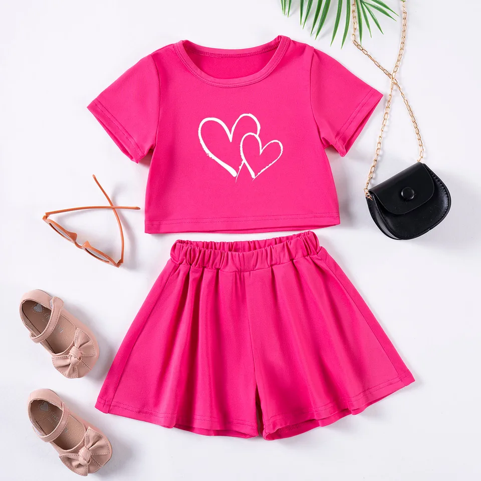 Mladé dievčatá leto nové dvojité srdce tlačené masívne farebné obleky s krátkym rukávom Krátke rukávy Príležitostné 2KS Kids Trendy Clothing Sladké a roztomilé