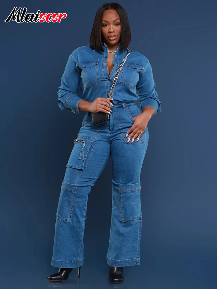 MLAISCSR Vintage Autumn Winter Women Fashion Wash Denim Blue kombinéza stánok golier s dlhým rukávom Jean Bottoms Streetwear Cancels