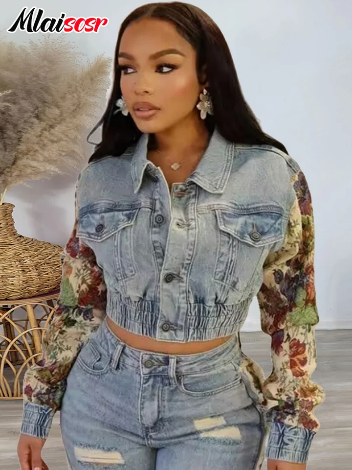 MLAISCSR Vintage Print Patchwork Stretch Denim Coat Dámske oblečenie s dlhým rukávom klopa s jedinou dojčenou krátkym bundou Jean plodiny