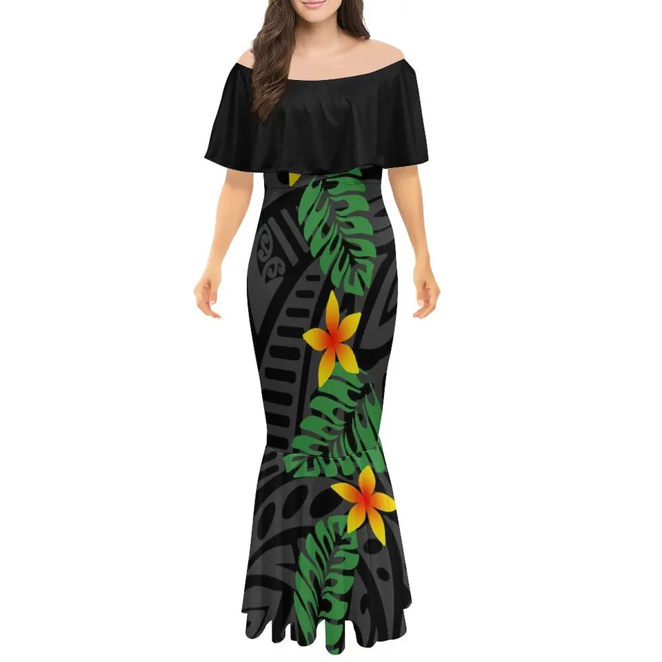 Mlieko hodvábne rukávy Mermaid Evening Prom Party Clothing Polynézsky zvyčajný vzor veľkej veľkosti Rybárske šaty Žena Dance loptové šaty