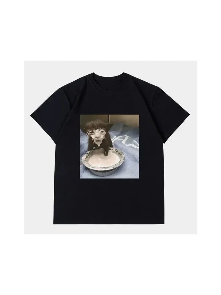 Mliečna tvár mačka meme tlačené tričko StrangeHumorou Funcat Pattern Tshirt Dámska módna bavlna extralarpetreet oblečenie 77899