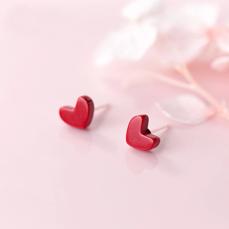 Mloveacc nová móda Small Love Red Heart živice Stud náušnice Ženy 925 Sterling Silver Stud Šperky dievča