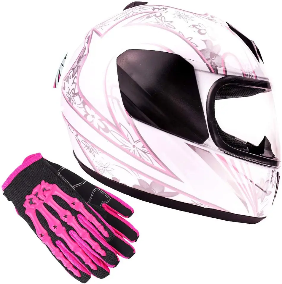 Mládežnícke deti s plnou tvárou prilba so štítom a rukavicami Combo Motorcycle Street Dirt Bike - Pink White Butterfly (veľký)
