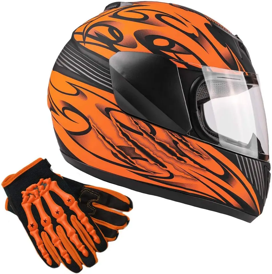Mládežnícke deti s plnou tvárou prilba so štítom a rukavicami Combo Motorcycle Street Dirt Bike - Matte Orange (Small)