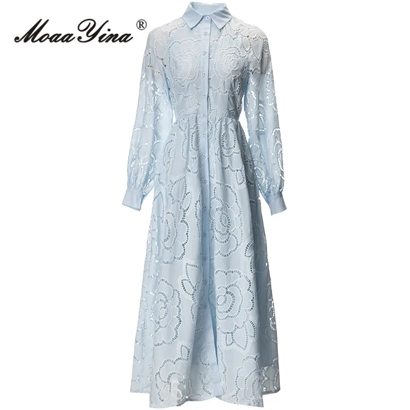 Moaayina Spring Fashion Módne svetlo modré vintage šaty Ženy Lucerny rukáv Dutiny vyšíva vysoký pás štíhle dlhé šaty