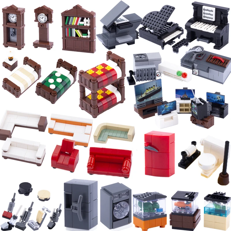MOC City Creative House Figure Figure Building Blocks Bed Bed TV Pohovka Knižnica Hodiny Fish Tank Chladnička Príslušenstvo Darček pre deti