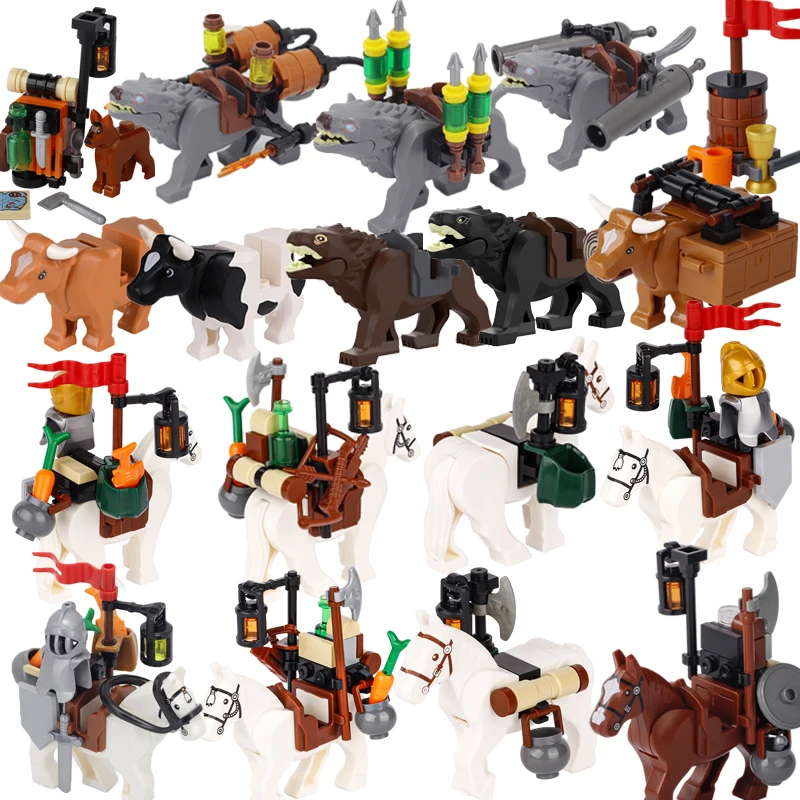 MOC Medieval Traveller Pase Horse Wolf Hovár stavebné bloky Knights Kočiari poľnohospodár dobytok Mapa vozíka Mini tehly hračky pre deti darček