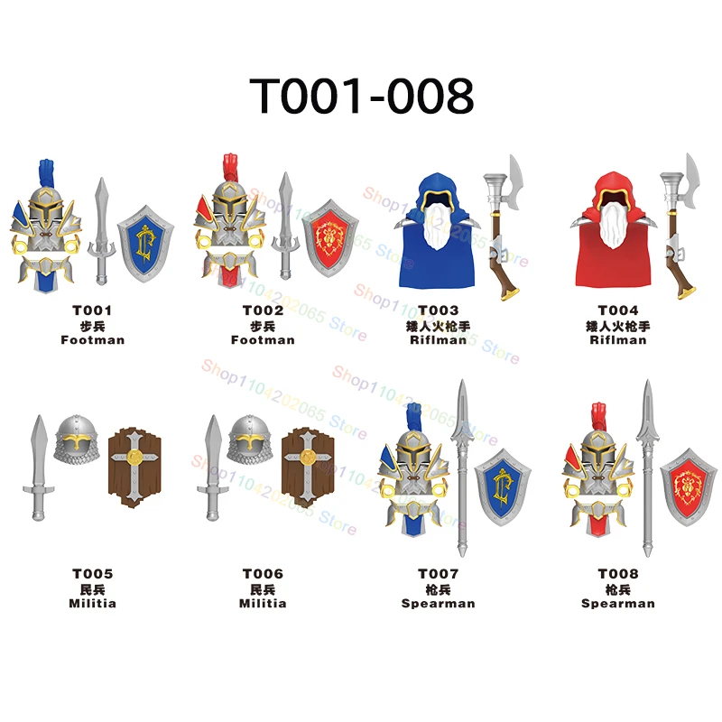 MOC Staroveký ťažko obrnený peší mušketier rytiersky príslušenstvo Knights Action Figures Building Blocks zostava hračka T001-008