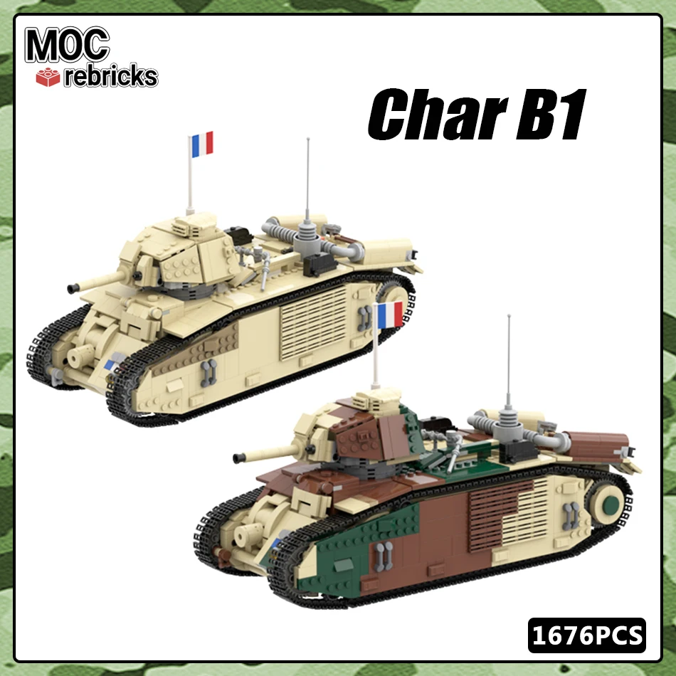 MOC Vojenská séria Char B1 ťažký vyzbrojovací tank Tank Land Force Soldier Weapon Build Block Set DIY Hračky pre detské vianočné darčeky