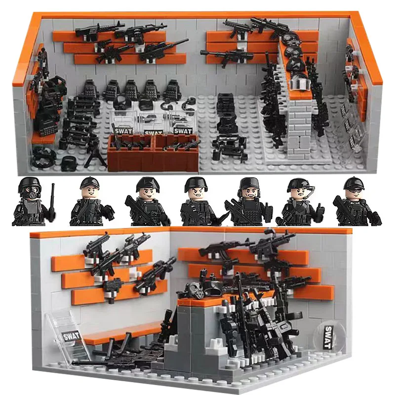 MOC Vojenská základňa Stavebné bloky zbraní domova zbrojnica Model Armáda armáda SWAT Police Soldiers Guns Classic Hračky pre chlapcov darček