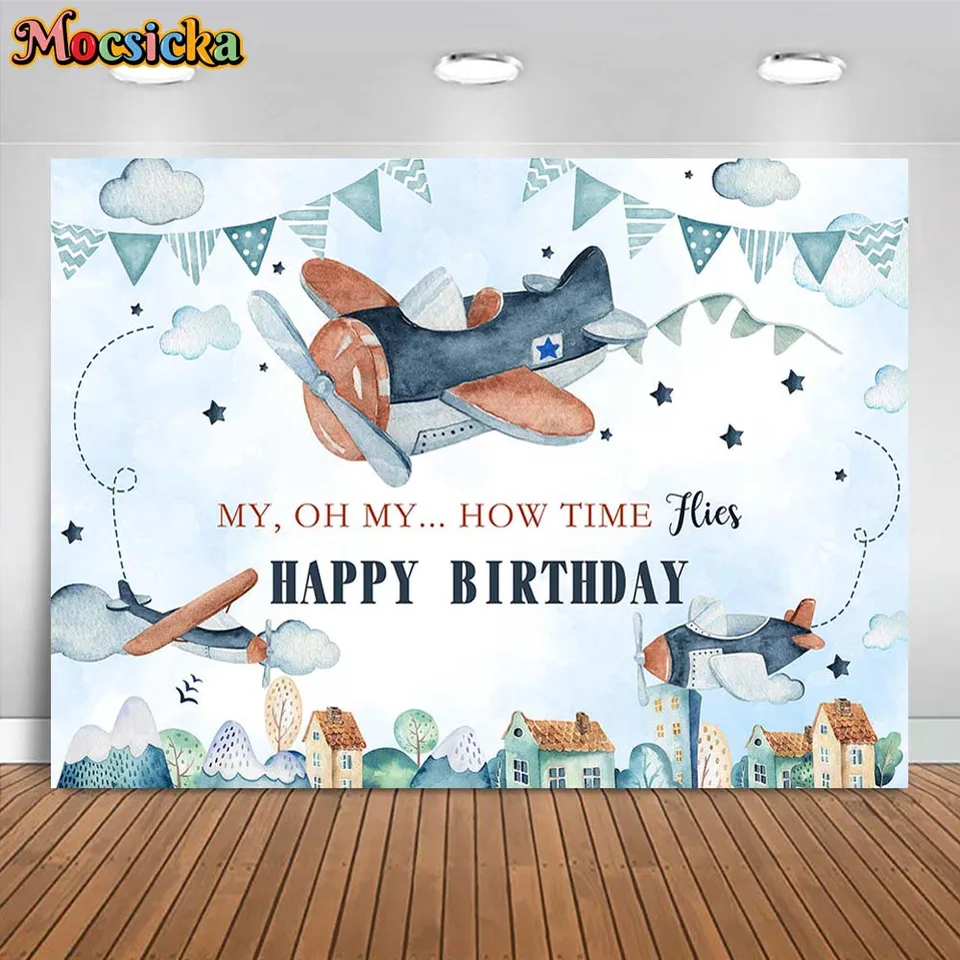 Mocsicka Baby Birthday Backdrop Lietadle Adventure Boy 1. narodeniny dekorácie pozadie koláč Smash Photocall pre fotografické štúdio