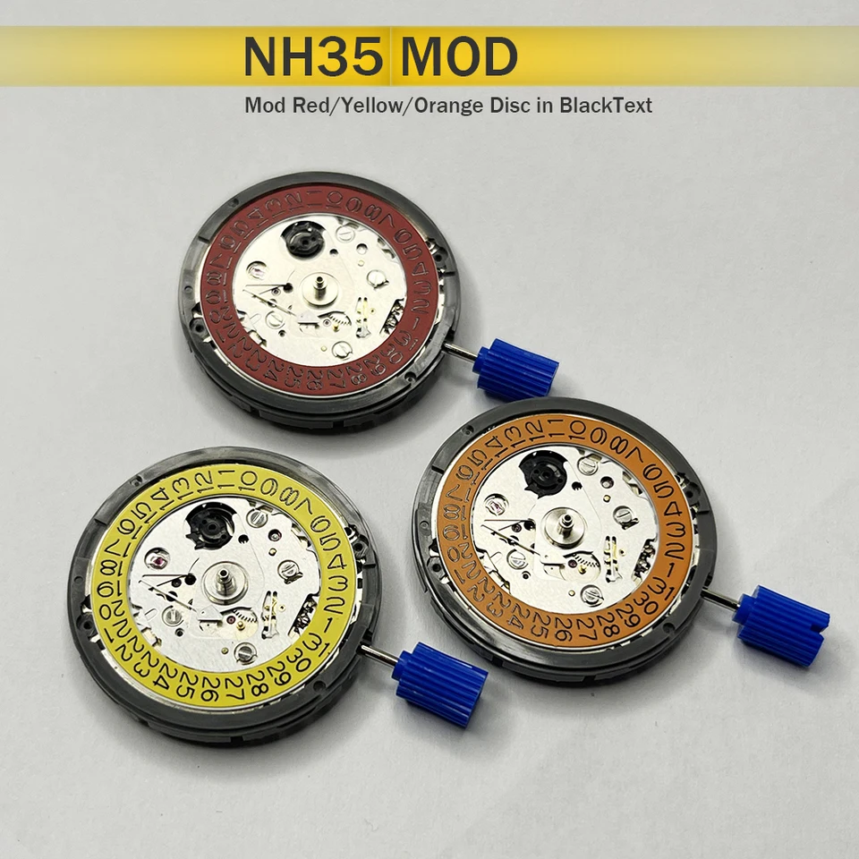 MOD Japan NH35 Pohyb upravený červený/žltý/oranžový dátum 24 klenotov Mechanické hodinky nahradiť pohyb NH35A 4R35 originálny TMI