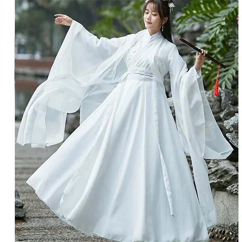 Moderná hanfu žena čínske tradičné šaty kimonos majer Tang Dynasty štýl Hanbok Cosplay víla princezná šaty biely oblek