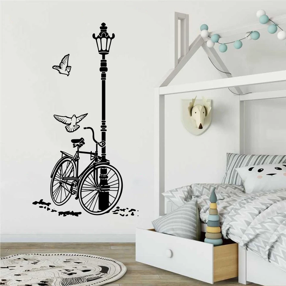 Moderná pouličná lampa bicykel vtáčie múr obývacia izba obývacia izba mestská mestská krajina bicykel svetlo prírodná nástenná nálepka spálňa vinyl dekor