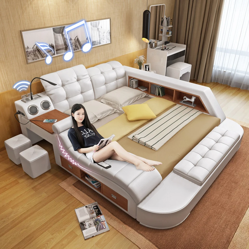 Moderná spálňa Skladová kožená posteľ Multifunkčná masážna masážna posteľ Tatami Smart Bed s USB nabíjaním a reproduktorom