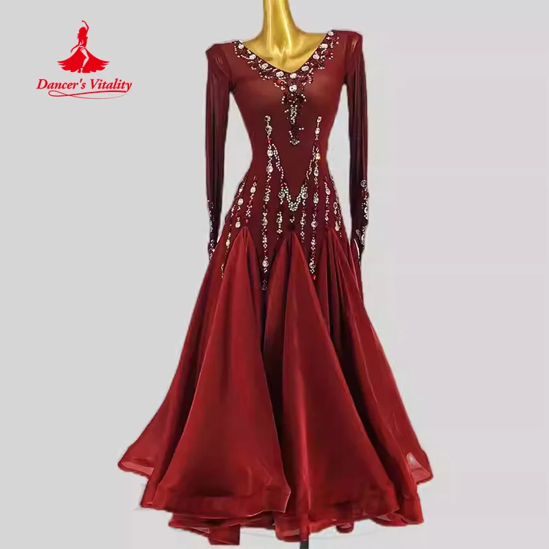 Moderná tanečná súťaž Noste ženy Prispôsobené špičkové elegantné elegantné šaty s dlhým rukávom Waltz Ballroom Dance Performance Costy