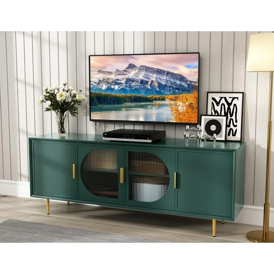 Moderná televízna stojan pre televízory 70+ palcov - televízny stôl pre sklenené dvere so zlatými nohami v zelenej farbe