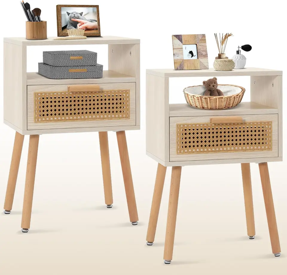 Moderná z polovice storočia Rattan Cane nočná stolík 2, koncový stôl so zásuvkami z masívneho dreva, nočný stánok v spálni, prírodný orech