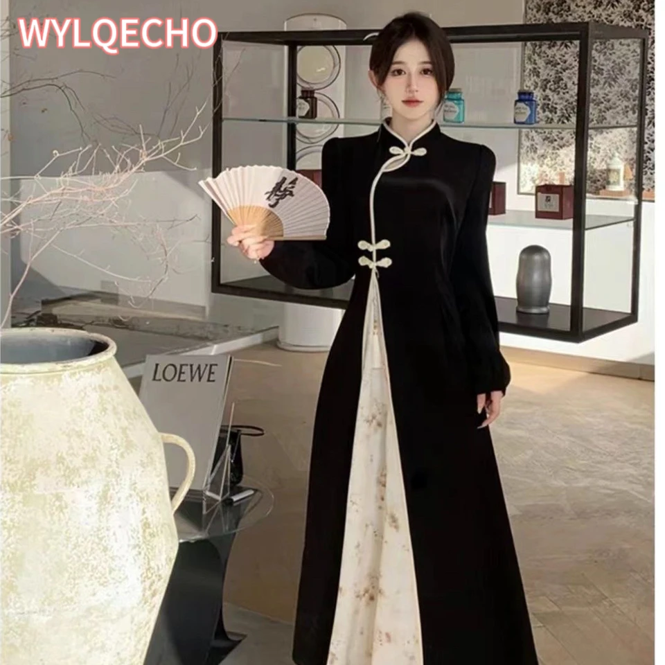 Moderné qipao vylepšené čínske šaty Cheongsam Tradičné dámske oblečenie jesenné zimné zimné tmavé vzorované Jacquard dlhé rukávy