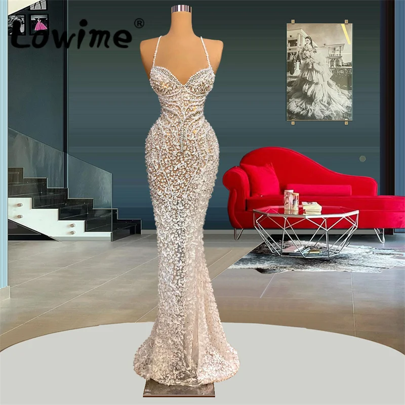 Moderné šaty na párty ilúzie 2022 Prispôsobené perly špagety špagety dlhé morské panny večerné šaty sexy plesové šaty Vestidos de festa