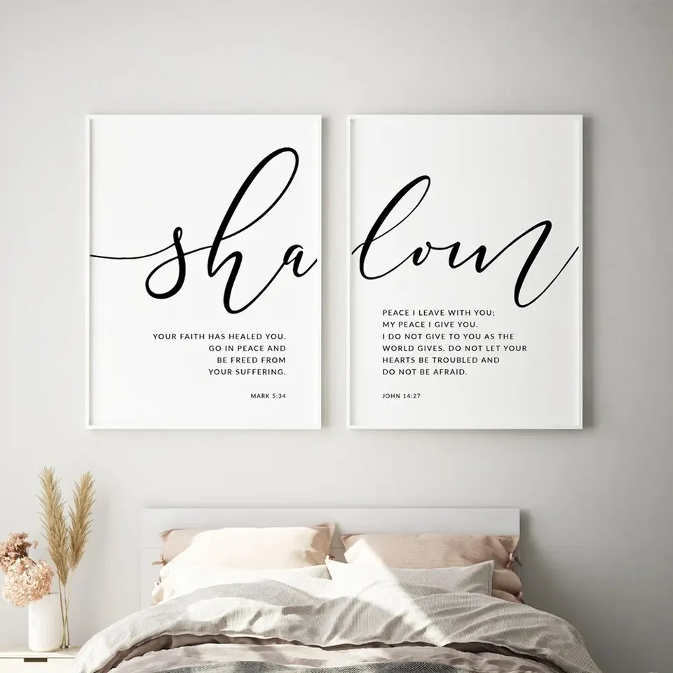 Moderný kresťanský čierny a biely shalom biblický verš Písmo kostol nástenné umenie plátno maľujúce plagáty pre obývaciu izbu Domovod