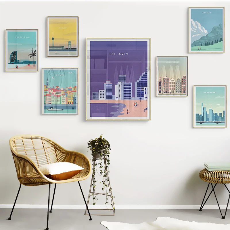 Moderný minimalizmus mesto Tel Aviv Allgau Frankfurt Berlin Porto Barcelona Plagát Obrázok Silhouette Canvas Art Print Wall Decor