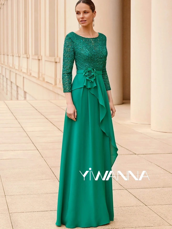 Modest O-Neck 3/4 rukávy Matka nevesty šaty na svadobné klasické čipky