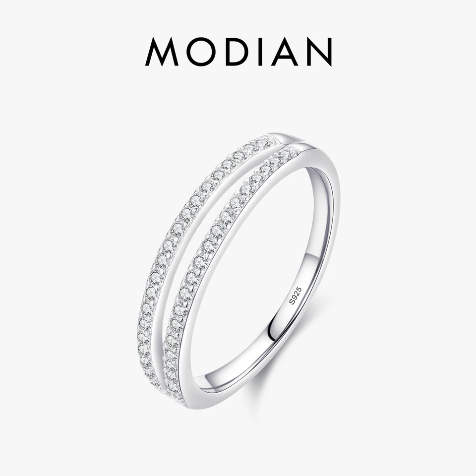 Modian 925 Sterling Silver Double Circle Line Simple Clear Cz Eternity Bands Rings pre ženy Dievčatá jemné šperky príslušenstvo