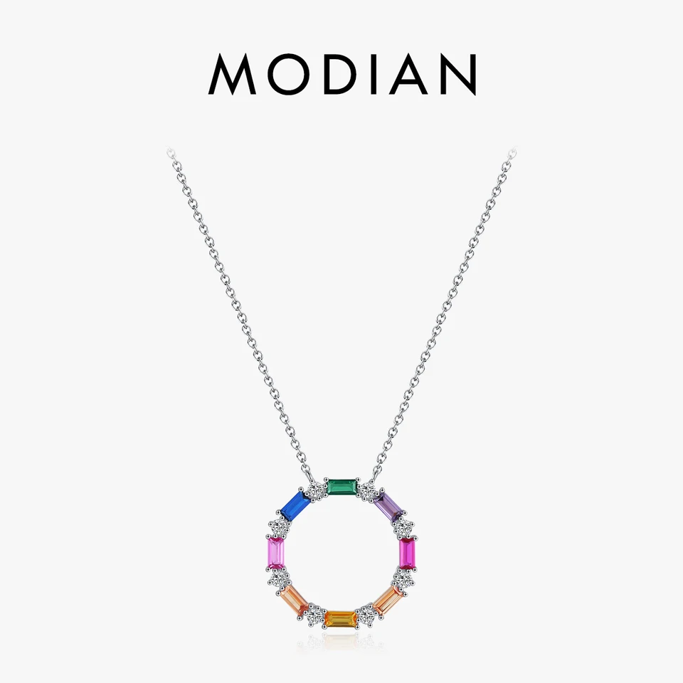 Modian 925 Sterling Silver Luxusný elegantný dúhový farbu CZ Veľký prívesok Náhrdelník vintage reťaz krk pre ženy jemné šperky
