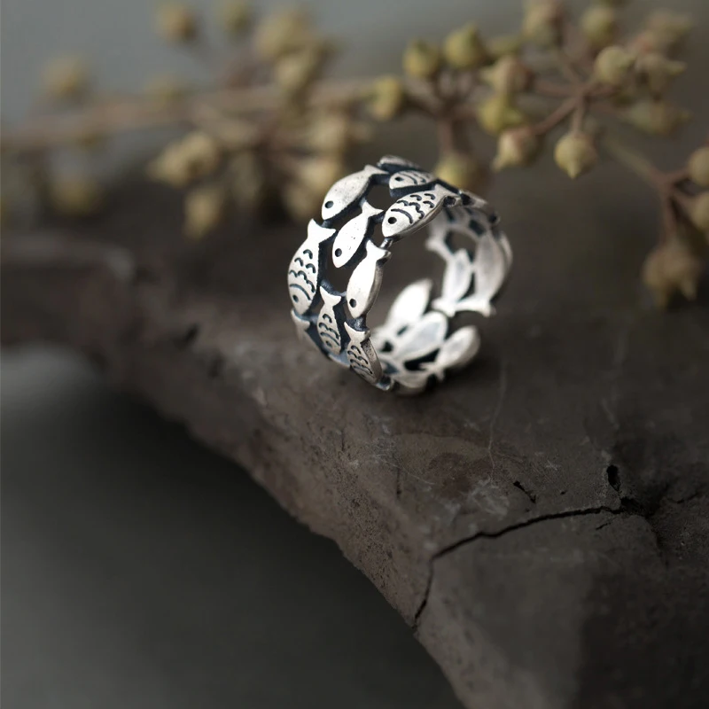 Modian Sterling Silver 925 Morský život Krásny retro drobný rybí prsteň pre ženy zadarmo veľkosť prsteň Kórea štýl jemný šperk darček