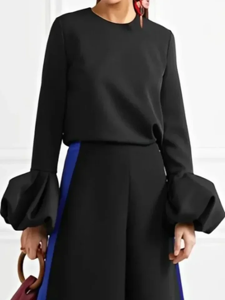 Modigirl Dámska čierna blúzka 2024 Puff Ruckves Round Neck Office s dlhým rukávom Top košele pre ženy oblečené ležérne oblečenie