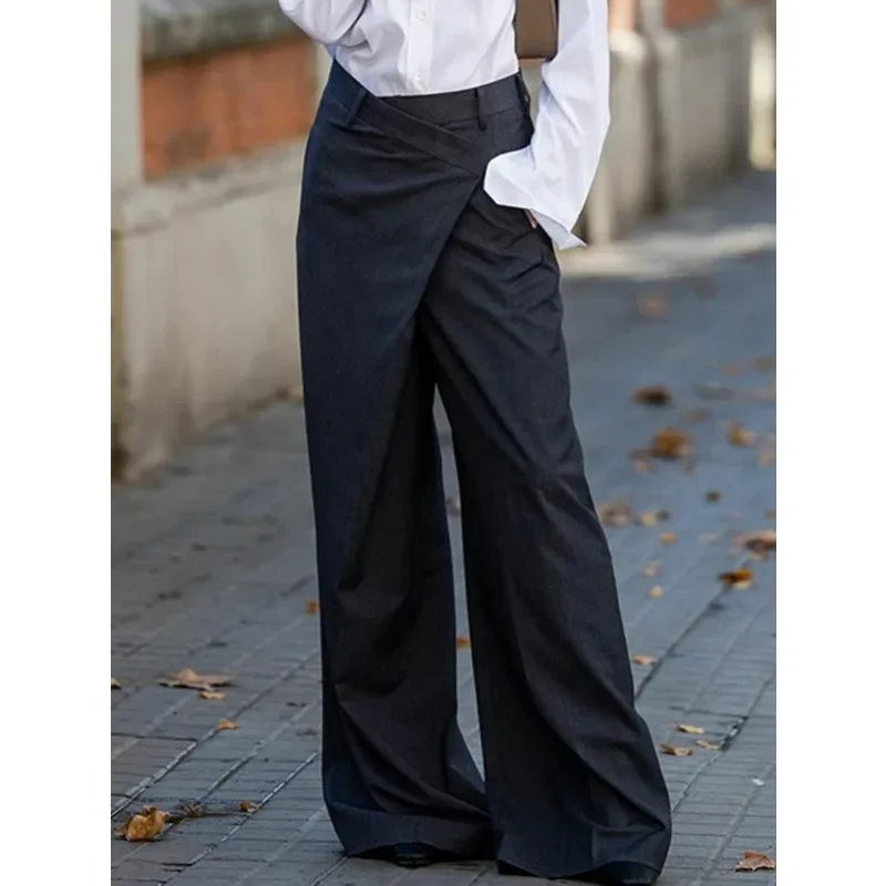 Modigirl Trendy Dámske nohavice Jeseň Spring Loose Wide Wirle Nohy asymetrické tuhé farby rozdelené kĺbové s vysokým pásom Formálne nohavice