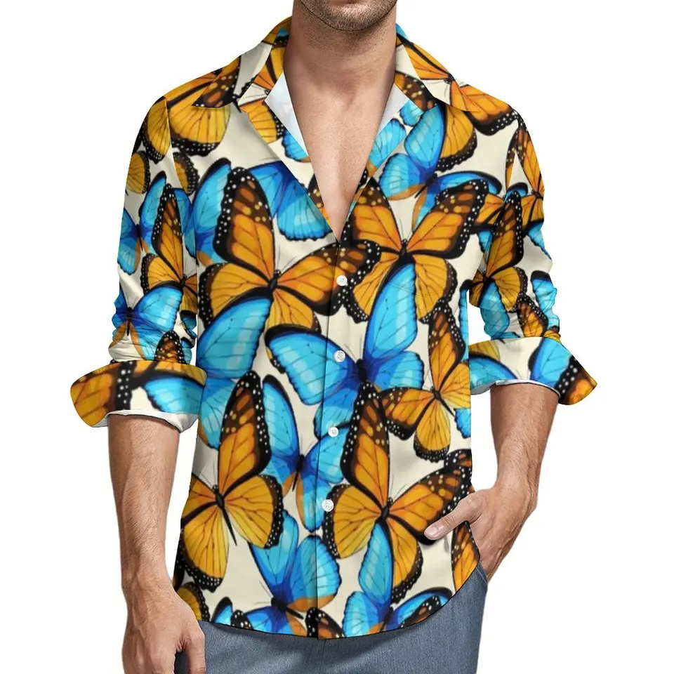 Modrá a žltá monarch Butterfly Casual Tirls Animal Trendy košeľa Jesenné nadmerné blúzky mužské s dlhým rukávom oblečenie darček