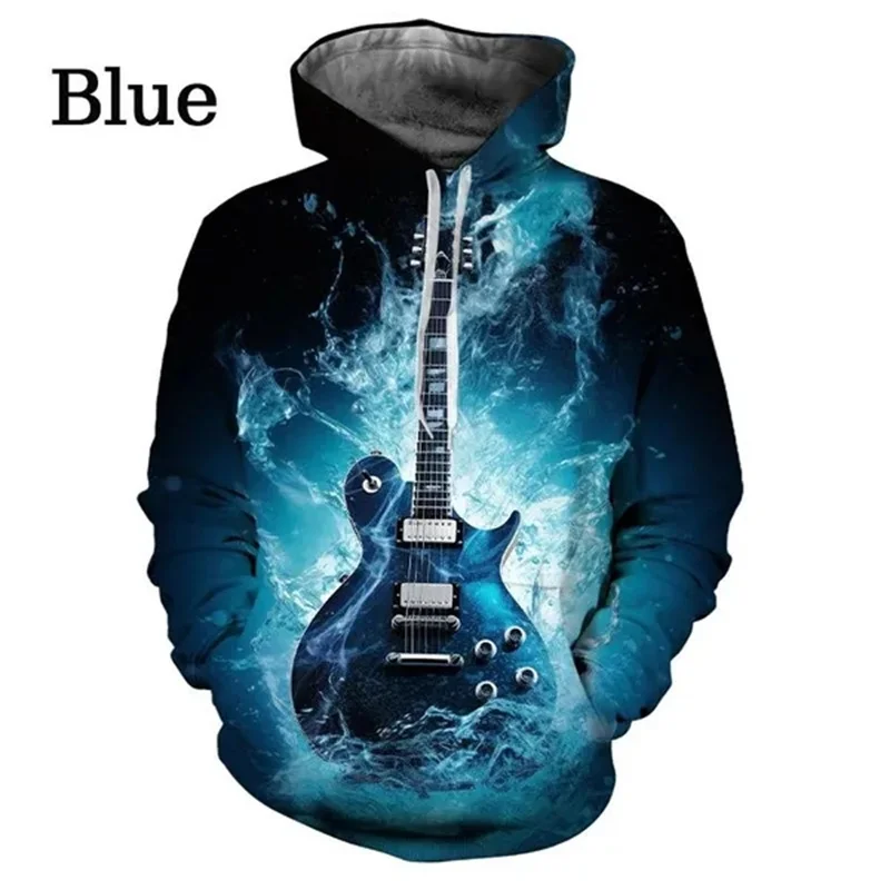 Modrá gitara Grafická mikina pre mužov hudobný nástroj 3D tlačené s dlhým rukávom Pulóver Loose Hoodies Topy Tops Stretwear Streetwear