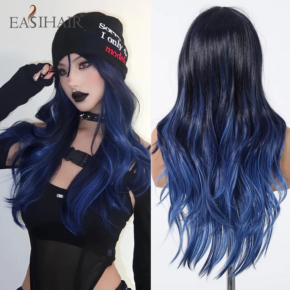 Modrá ombre dlhá vlnitá syntetická parochňa s treskami Blue Cosplay Parochňa pre ženy