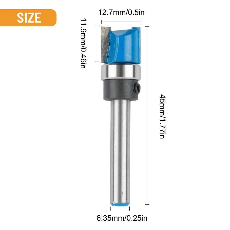Modrá/strieborná rovná flauta obkladací vzor Router Bit, 6 35 mm stopka, karbidový materiál, ideálny pre smerovanie šablón
