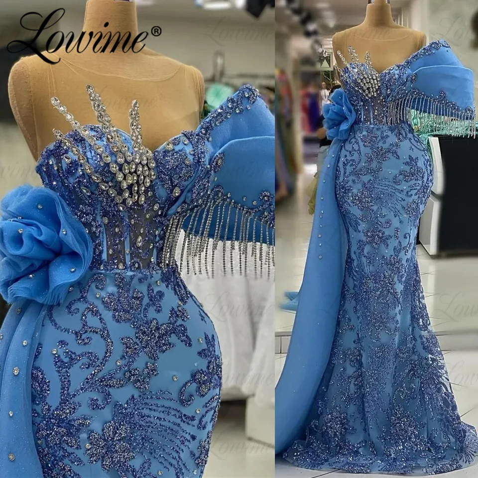 Modré dlhé svadobné šaty s bočným vlakom Mermaid Strapsel Kryštál Elegantné večerné šaty arabské plesové šaty prispôsobené