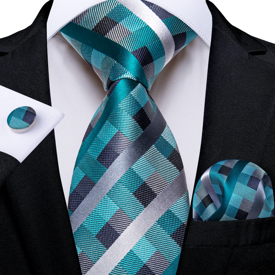 Modré kockované hodvábne kravaty pre mužov vreckovky CuffLinks Business Wedding Party Men oblečené doplnky veľkoobchodný kravata darček
