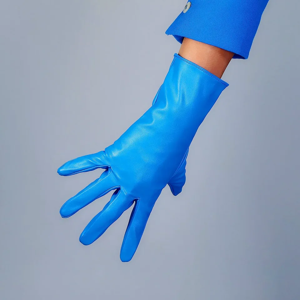 Modré kožené rukavice 28 cm zápästie krátke faux pu jambsin jar jasné farby cosplay módne pódium Halloween custome rukavice