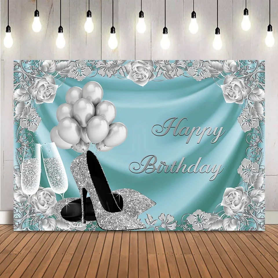 Modré narodeniny pozadie Sliver Sliver Kvety High podpätky Champagne Photo pozadia Štúdio Photocall Glitter Balóny dospelých téma Banner